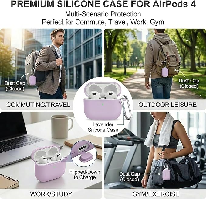 Silicone Case Cover for AirPods 4th Gen, Soft Skin with Cleaner Kit, Keychain, Full Protection for Men & Women (Lavender)