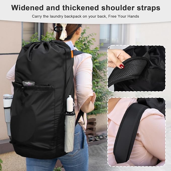 Polecasa Extra Heavy-Duty Backpack Laundry Bag 13.5x29- Large Drawstring bag with Comfortable Padded Shoulder Straps & 4 Pockets & ID Tag for Dorm, College, Travel, Black