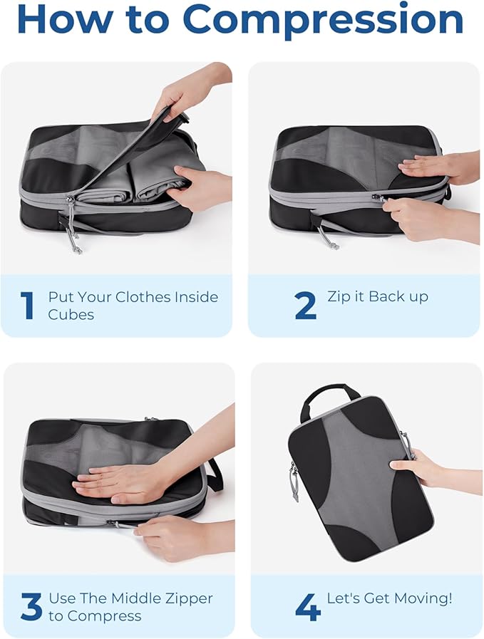 BAGSMART Compression Packing Cubes for Travel, 6 Set/14 Set Compressible Luggage Organizer for Cruise Ship, Lightweight Travel Essentials (1L+2M+2S+Shoe bag+Drawstring bag+Toiletry bag+6Plastic bags)