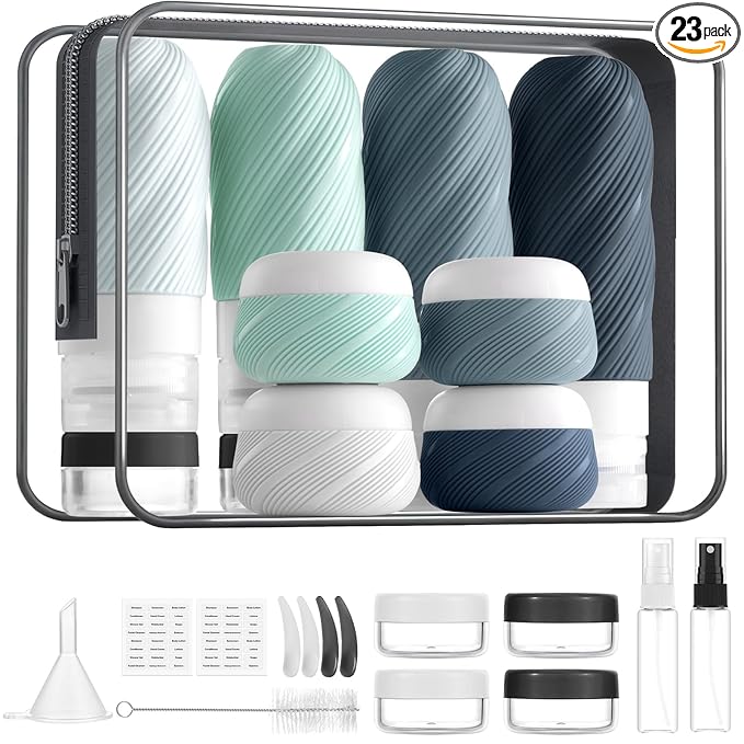 23 Pack TSA Approved Travel Bottles for Toiletries, Leak Proof Refillable Travel Size Containers Kit with Silicone Squeezable Bottles Jars for Shampoo Lotion Conditioner, in Clear Bag, Gray