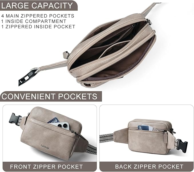 LATMAP 3L Fanny Packs Belt Bag for Women Small Everywhere Crossbody Bag Waist Packs Faux Leather Sling Chest Travel Purse