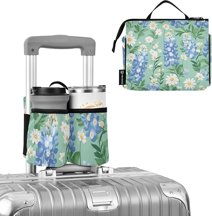 Luggage Cup Holder for Suitcases Free Hands Suitcase Cup Holder Travel Luggage Drink Holder Portable Luggage Cup Caddy Bag Carrier with Handle Mint Green Bluebonnet and Daisies