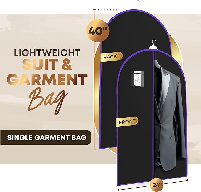 Your Bags Travel Garment Bag – Durable Zippered Single Suit Bag for Storage – Water-Resistant Clothes Cover - Hanging Garment Bags for Travel with ID Pocket – 40" x 24" - Black & Purple (Pack of 1)