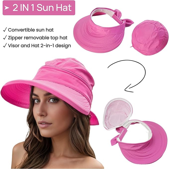 2-in-1 Women’s Sun Visor Sun Hat Zipper Off Ponytail Friendly, Lightweight Quick Dry, Summer UV Protection