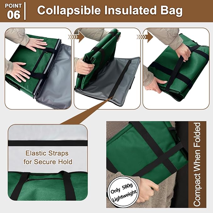 Reusable Grocery Bag – Expandable Insulated Cooler Bag with Bottom Board, Collapsible Insulated Shopping Bag with Zipper & Drawstring, Heavy Duty Tote Bag for Shopping, Delivery, Picnic, Beach