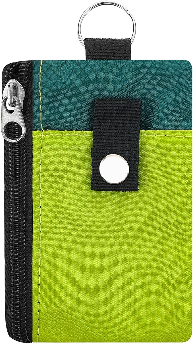 Minimalist Small Wallet for Men Women with 2 Zip Pockets, Multi Functional ID Case with Keychain and Card Holder, Coin Purse Badge Lanyard Pouch for Boys Girls Travel -YellowGreen+DrakGreen