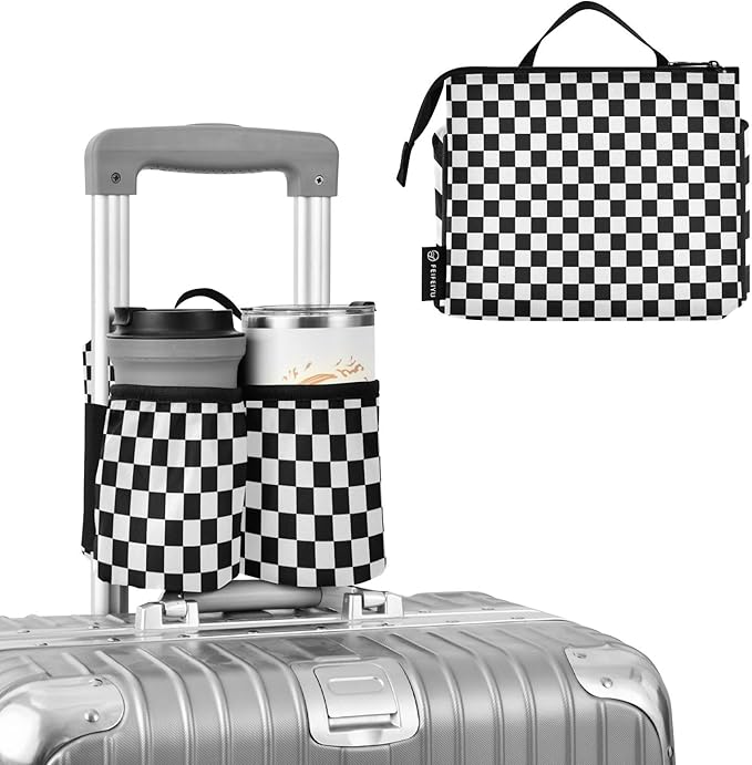 Luggage Cup Holder for Suitcases Free Hands Suitcase Cup Holder Travel Luggage Drink Holder Portable Luggage Cup Caddy Bag Carrier with Handle Checkered Black and White