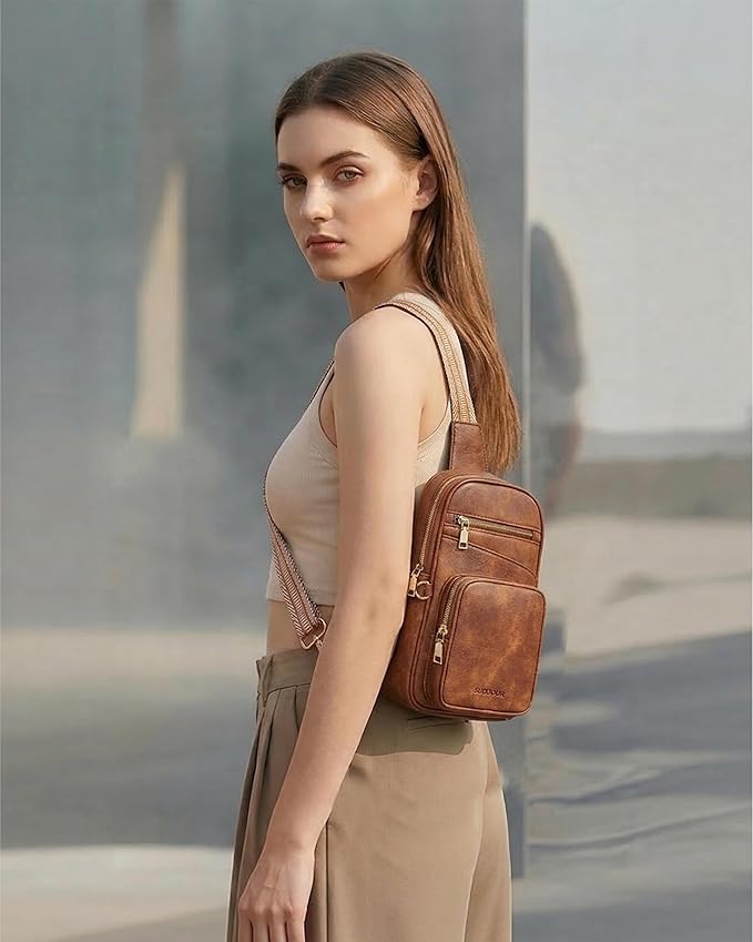 Anti Theft Crossbody Bags for Women,RFID Sling Bag Travel Purse,Vegan Leather Cross Body Purses Chest Bag for Travel(Pure Brown)