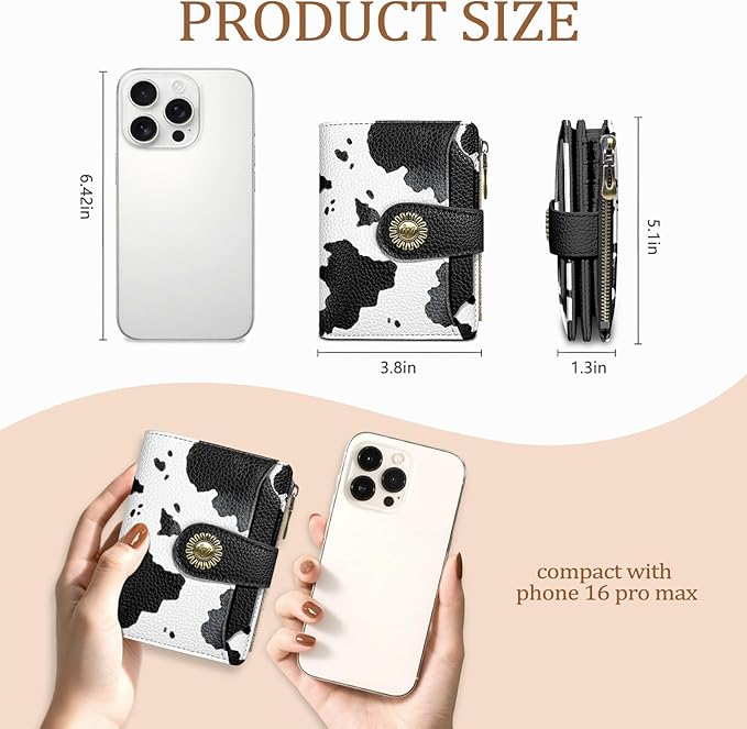 Icycay Cow Black Wallet Women Small RFID Blocking Bifold, Credit Card Holder, Zipper Coin Pocket, PU Leather, Compact, Travel, 4 ID Window, 14 Card Slots, Cash Purse, Ladies Woman Female Girls