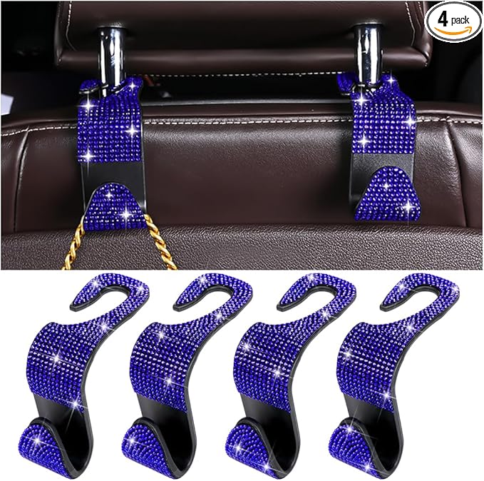 Zpana 4PCS Bling Car Seat Headrest Hooks, Vehicle Back Seat Purse Handbag Hanging Holder with Crystal Rhinestone, Diamond Storage Organizer Hook, Universal Automotive Accessories (Blue)
