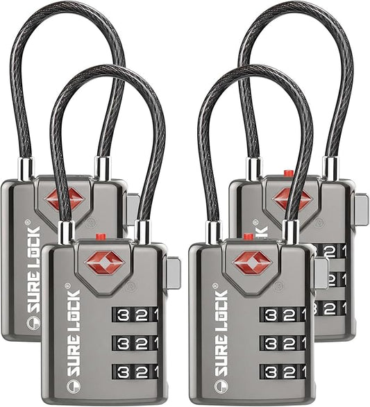 SURE LOCK TSA Approved Luggage Locks with Open Alert Indicator, 3 Digit Combination Cable Travel Lock for Suitcase, Backpack, Gym Locker, Toolbox & Travel Bag(Grey 4 Pack)