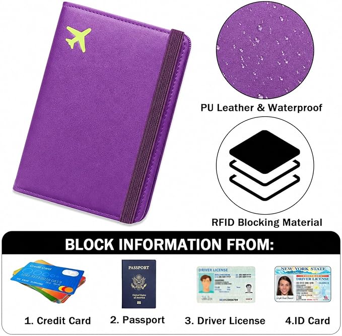 ZOPPEN RFID Blocking Passport Holder for Travel – PU Leather Waterproof Lightweight Passport Cover Wallet for Women Men, Travel Organizer with Card Slots for Airline Tickets & Passport Book, Purple