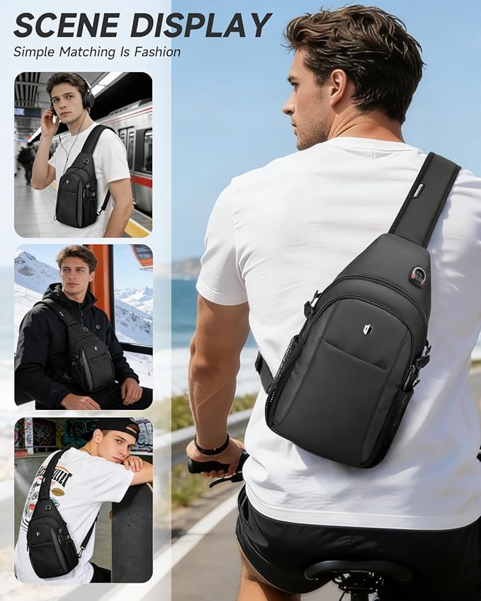 Anti Theft Sling Bag for Men, Expandable Crossbody Chest Bag with Water Bottle Pocket, Travel Sling Backpack Fits 11” iPad & Switch 2 for Commuting, Hiking, Daily Carry, Black | Mens Crossbody Bag