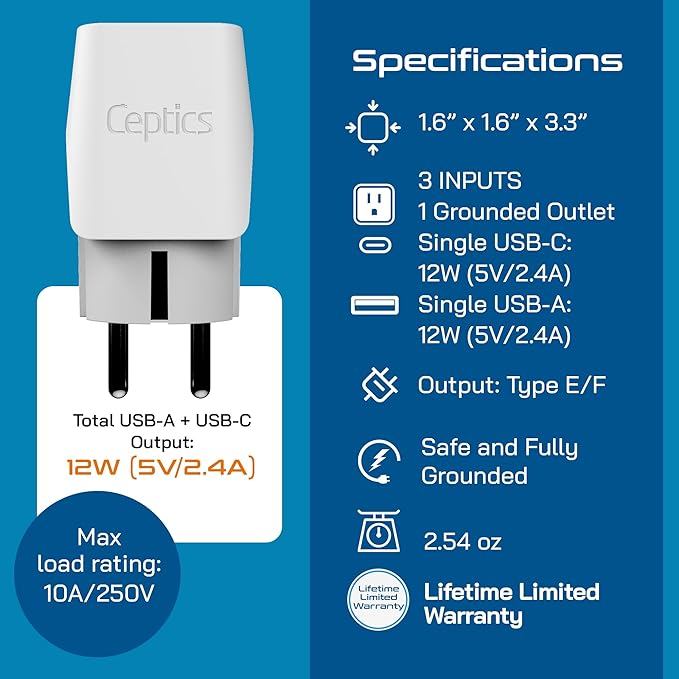 Ceptics Schuko, Germany, France, Spain Travel Adapter Plug with USB-A+USB-C- Usa Input Type E/F - Ultra Compact Perfect for Cell Phones, Laptop, Camera Chargers, iWatch, iPad, iPhone and More (CTU-9)