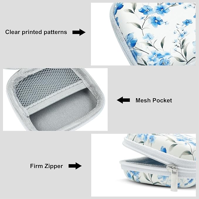 Earbud Case Headphone Organizer Ear Bud Case Portable EVA Carrying Box Storage Bag with Carabiner for AirPods Beats Bose Galaxy Buds 4/3/FE Data Cable Storage (Blue Flower)