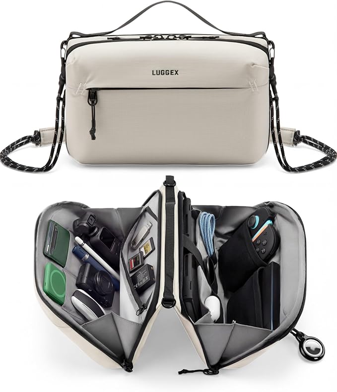 LUGGEX Large Travel Tech Pouch, Cable Organizer Bag with Removable Crossbody Strap, Dual Accessories Bag & Water Resistant for Kindle, Chargers, Cord, Earphone for Travel Office, Beige