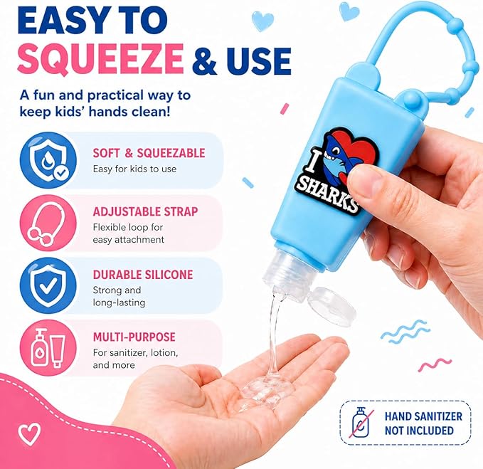 5-Pack Kids Cartoon Hand Sanitizer Holder (No Sanitizer Included), 30ml Refillable Travel Bottles with Silicone Case, Leak-Proof for Lotion & Liquid Soap (Sharky Splash)