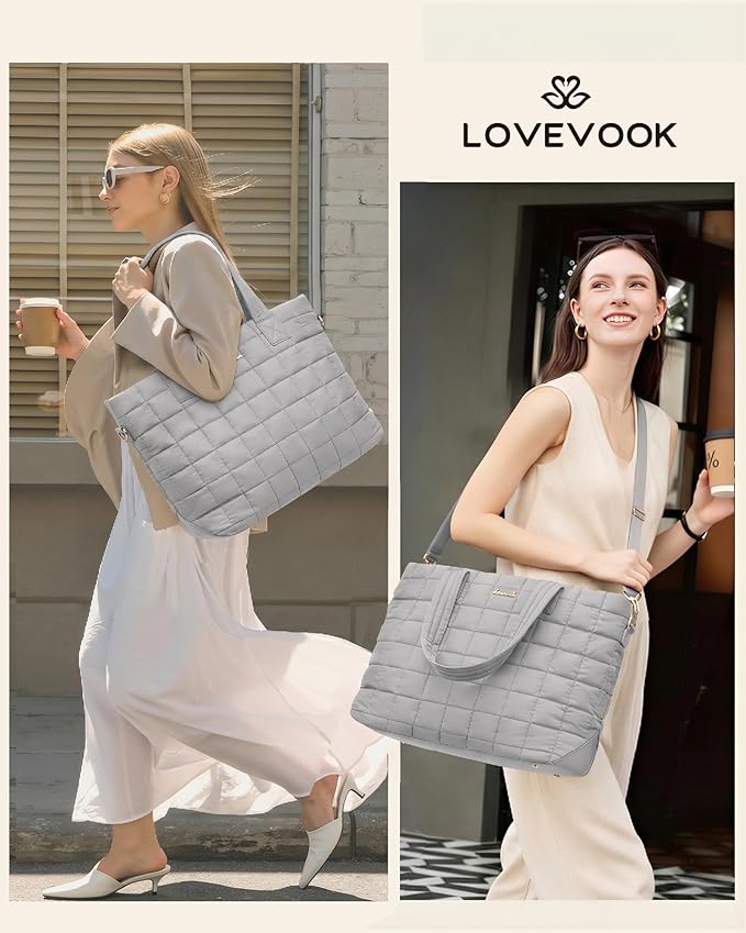 LOVEVOOK Laptop Tote Bag for Women, 15.6 Inch Large Puffer Work Computer Tote Bags for Teacher Nurse, Quilted Women's Purse Tote Shoulder Handbags with Zipper for Travel College Office Gym, Grey