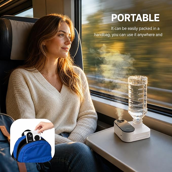Portable Mini Humidifier for Travel, 5000mAh Rechargeable Cordless Humidifier (8H), Tankless Water Bottle Desk Humidifier, 23dB Quiet Small Personal Humidifier with Auto Shut-Off (12x11x4cm)