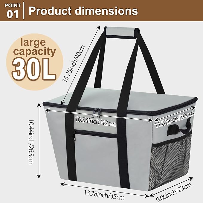 Reusable Grocery Bag – Expandable Insulated Cooler Bag with Bottom Board, Collapsible Insulated Shopping Bag with Zipper & Drawstring, Heavy Duty Tote Bag for Shopping, Delivery, Picnic, Beach