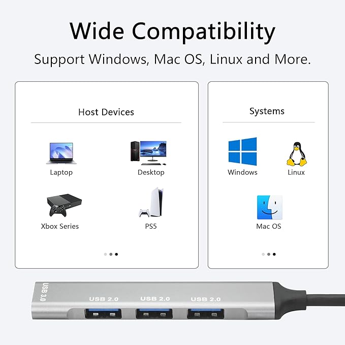 4 Port USB Hub with 3inch Cable, Multi Port USB Extender Adapter,1 USB 3.0/3 USB 2.0 Port, for Laptop, PC, Flash Drives, Mobile HDD and More USB