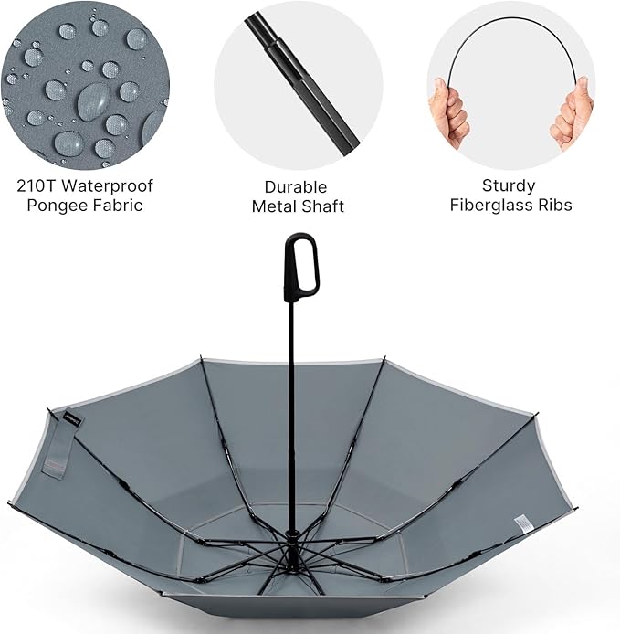 G4Free 46inch Ring Buckle Umbrella, Inverted Design with Carabiner Handle, Compact Travel Umbrella with Reflective Strip, Automatic Windproof for Rain