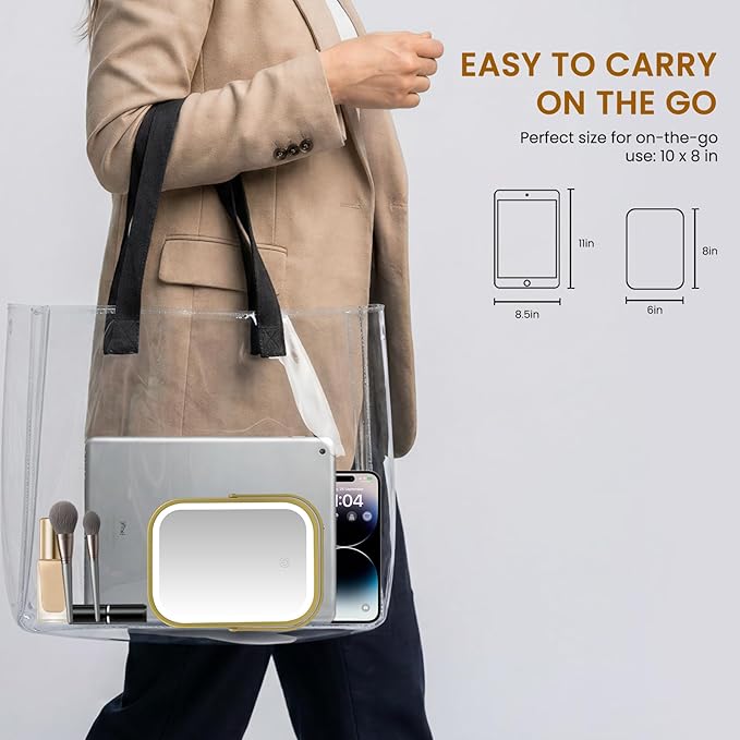 Rechargeable Travel Makeup Mirror, 8"×6" Small Vanity Mirror with Lights, 1500mAH Battery, 3-Color Lighting, Dimmable, 360° Rotation, Portable Desk Mirror with Storage Pouch, Travel Essentials (Gold)