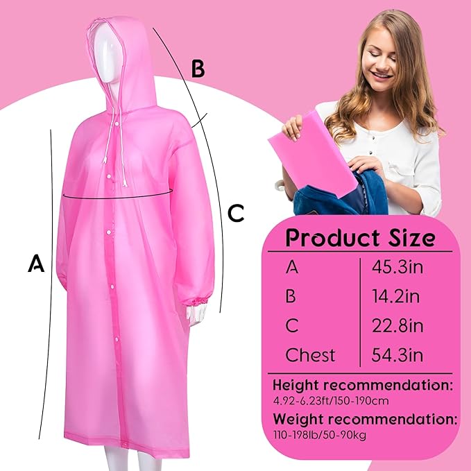 Rain Ponchos for Adults Reusable Rain Coats with Hood and Drawstring Thicken Ponchos Waterproof for Women(Pink)