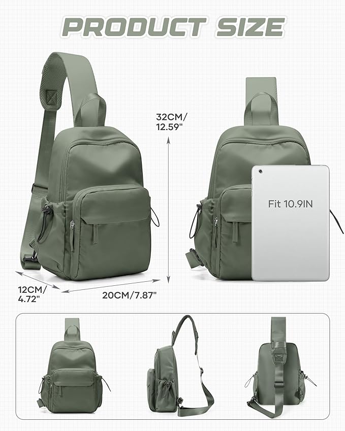 Small Green Sling Crossbody Bag for Men Women, Tactical Backpack Shoulder Daypack Mini Anti-Theft Cross Body Motorcycle Chest Bags, Small One Strap Fanny Back Pack for Casual Travel Hiking Sport Gym