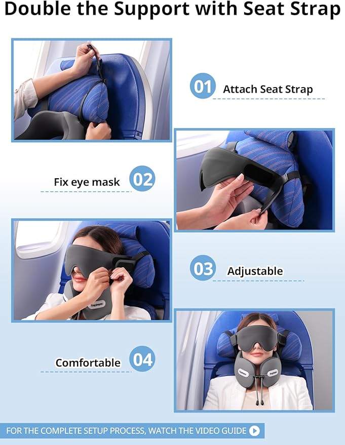 Inspireyes Neck Pillow, Travel Pillow with Seat Strap, 3D Sleep Mask, Dual Support Neck and Head, High Supportive Foam Airplane Pillow for Long Flight, Stop Bobblehead Travel Essential, Lake Blue