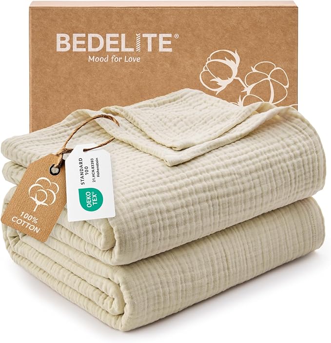 BEDELITE 100% Cotton Muslin Blankets for Adults - 4-Layer Queen Size Breathable and Lightweight Gauze Blanket for Couch, Bed, Travel and Summer, Soft & Cozy Gift for Women, Beige, 90"x90"