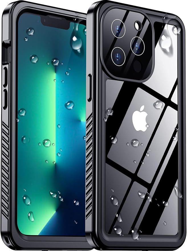 Compatible with iPhone 13 Pro Max Case Waterproof, Built-in Screen & Camera Protector IP68 Underwater Full Body 13FT Military Dropproof Shockproof Phone Case 6.7"-Black/Clear