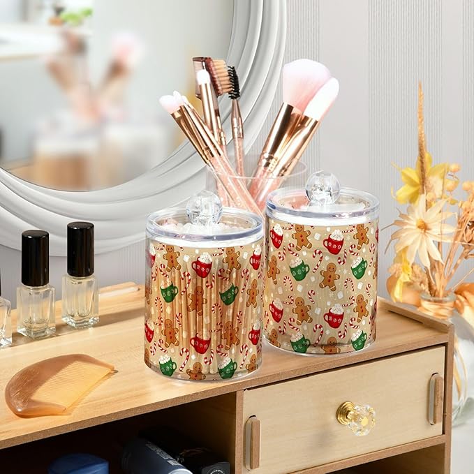 Gredecor Qtip Holder Dispenser 2 Pack Cute Gingerbread Men Snowflakes Candy Bathroom Decorative Storage Canister Holder Counter Vanity Organizer for Cotton Ball Swabs Pads Floss