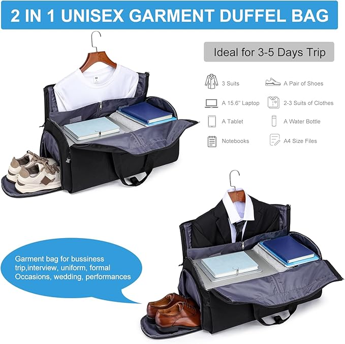 Convertible Duffle Bags for Men, Garment Bag for Travel, Carry on Garment Duffel Bag with Shoe Compartment, 2 in 1 Hanging Dress Suitcase Suit Travel Bags, Black