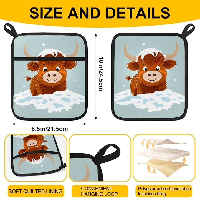 Cartoon Snow Highland Calf Pot Holders with Pockets 2 PCS, Heat Resistant Oven Mitts Hot Pads for Kitchen Baking Cooking, Square Thick Pot Holders Kitchen Hot Potholders, 8.5x10 Inches