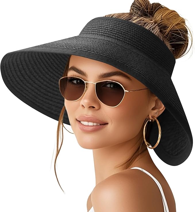 NPQQUAN Sun Visor Hats for Women Wide Brim Ponytail Straw Beach Hat Packable Foldable UPF 50+ Floppy Travel Hats