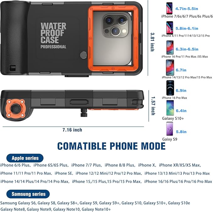 2026 Underwater Snorkeling Diving Phone Case for Phone 17/16/15/14/13/12Pro Max/Galaxy S26/S25/S24/S23.(50ft/15m) Professional Scuba Dive Waterproof Case Underwater Photo Video（Black）