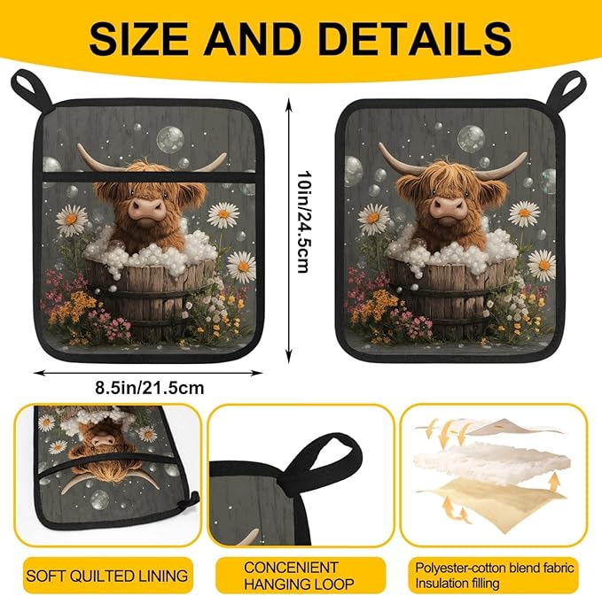 Rural Bathing Highland Cow Pot Holders with Pockets 2 PCS, Heat Resistant Oven Mitts Hot Pads for Kitchen Baking Cooking, Square Thick Pot Holders Kitchen Hot Potholders, 8.5x10 Inches