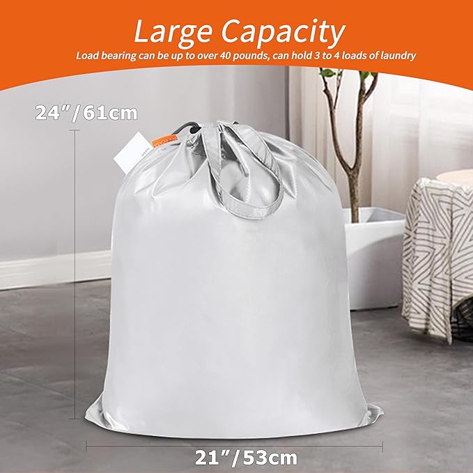 Polecasa Extra Heavy-Duty Laundry Bag 21x24”- Machine Washable Small Storage Bag with Reinforced Handles & Drawstring Closure & ID Tag for College Dorm Travel -Silver