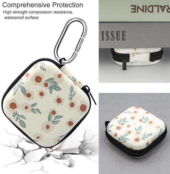 Earbud Case,Headphone Organizer Earbud Storage Bag, Hard EVA Shockproof Cover Carrying Case with Carabiner Clip Compatible with AirPods 4 AirPods Pro 2nd /3/2/1 Bose Galaxy (Small Flower)