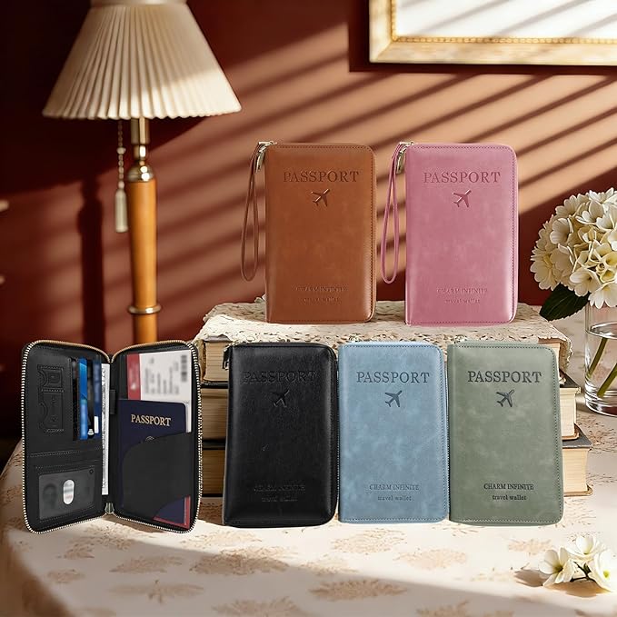 RFID Blocking Passport Wallet, Anti Theft PU Leather Passport Pouch with Tracker Case, Travel Document Organizer Zipper Wallet with Wrist Strap, Gifts for Women and Men (Pink)
