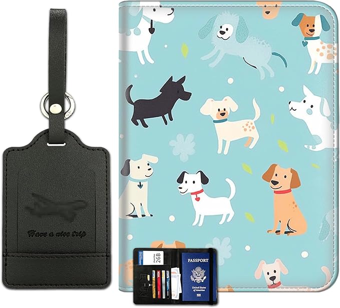 Passport Wallet, Passport Holder with RFID Blocking and Luggage Tag, Waterproof PU Leather Travel Documents Organizer Case, Passport Covers with Card Slot for Women & Men, Dogs Pattern Backgrounds