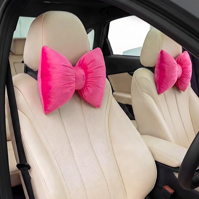 Macarrie 2 Pcs Car Neck Pillow Velvet Bow Headrest Pillow Soft Comfortable Seat Neck Support Cute Bow Car Accessories for Driving Travel Driver Chair Girl Interior Decor (Solid,Rose Red)