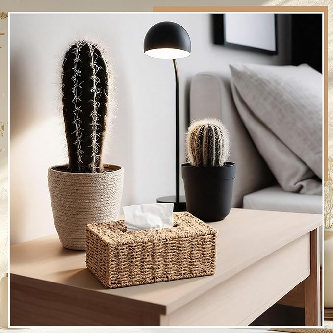 Tissue Box Cover Rectangle Natural Paper Rope Hand Woven Tissue Box Holder for Bathroom Living Room Bedroom Kitchen Table Desk Office Farmhouse Home Decor (Natural)