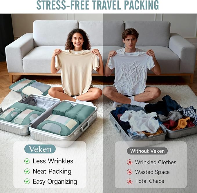 Veken 8 Set Packing Cubes for Travel Essentials,Anti-Wrinkle Buckled Suitcase Organizer for Shoe & Toiletry Bag,Carry On Luggage Bag for Airplane & College Dorm Room Accessories,Women Men Gifts