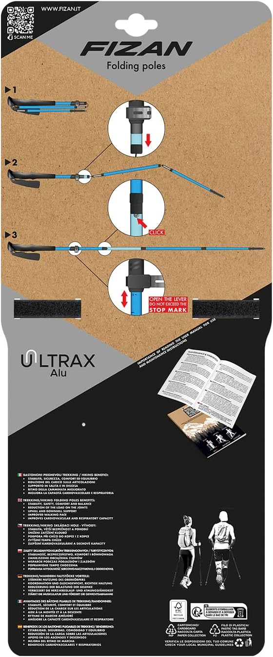 Fizan Ultrax Trekking Poles – Ultralight, Backpacking, Bikepacking, Hiking Trails, Collapsible to 14.5 in, Aluminum or Carbon Fiber