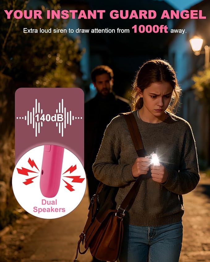 Personal Safety Alarm for Women - Waterproof Rechargeable Security Alarm - 140dB Extra Loud Siren with SOS Strobe Light - Self Defense Keychain for Women Girls Teens Seniors(Cherry)