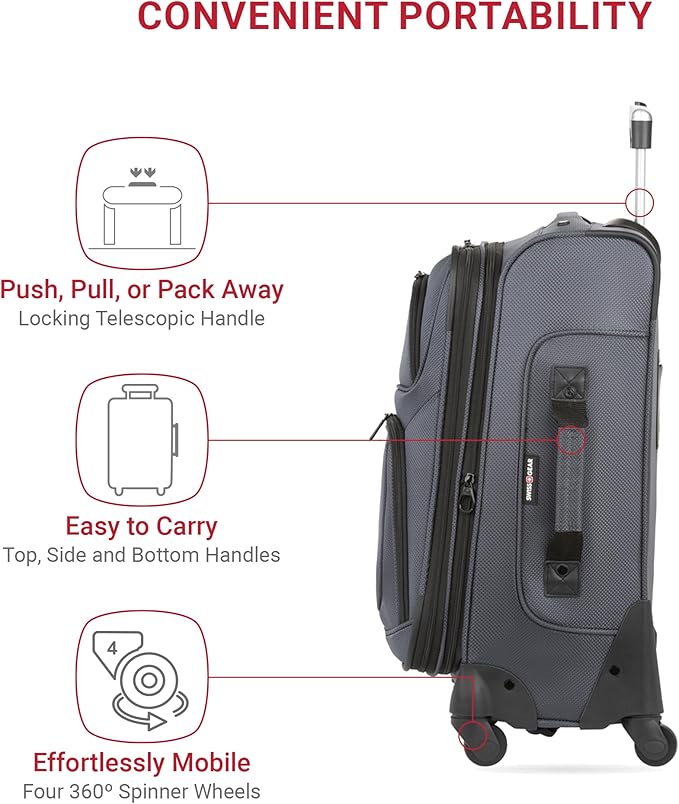SWISSGEAR Sion Softside Expandable Spinner Luggage Durable Lightweight Travel Suitcase, Dark Grey, Carry-On