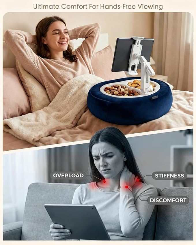 Miledi Tablet Pillow Stand, Compatible with 5"-12.9" Kindle, iPad, Phone/Tablet, 360° Rotating Phone Holder for Bed, Soft Plush Fabric, Detachable Bowl, Reading and Relaxation on Bed, Blue