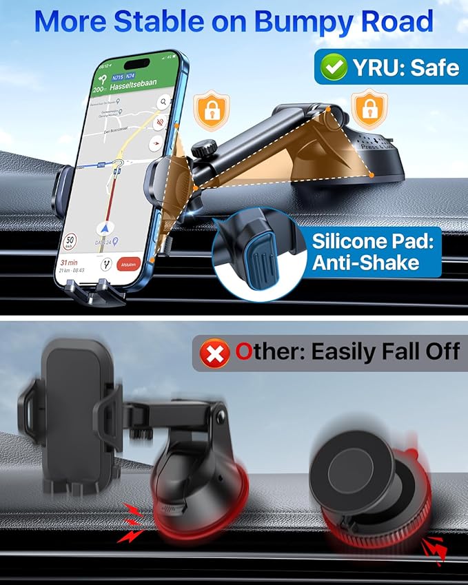 YRU [True Upgrade for Safety] Car Phone Holder Mount [Patent & Military-Grade] Dashboard Cell Phone Holder for Car Vent Windshield Phone Stand for iPhone 17 16 15 14 13 Pro Max Truck Samsung, Black